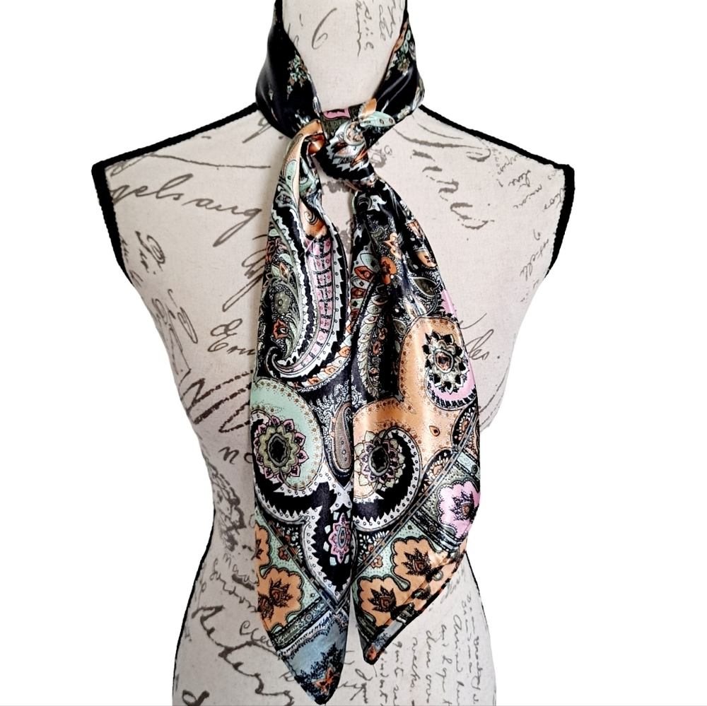 Satin square scarf black Paisley boho colorful neck hair & head elegant 2/$30